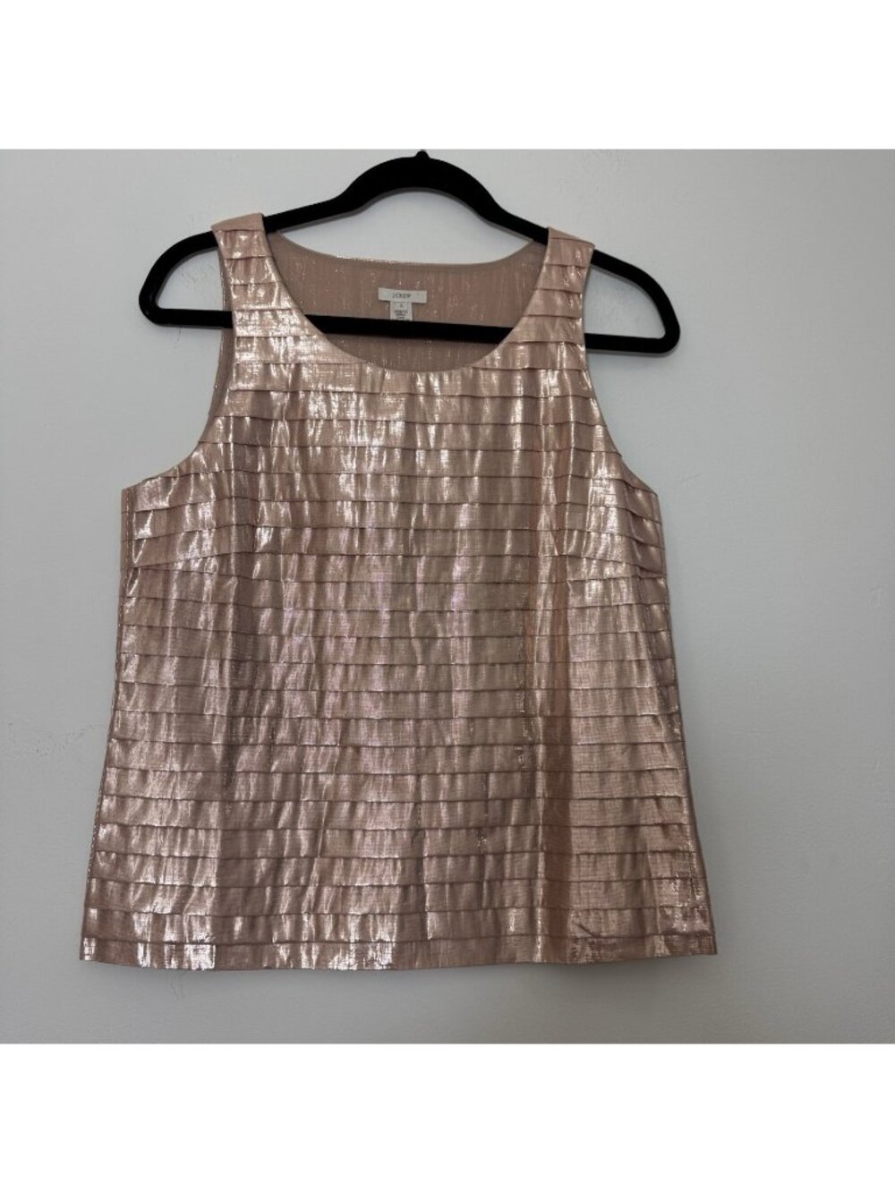 J.Crew Metallic Rose Gold Strati Sleeveless Blouse Size L Tiered Zip Side
